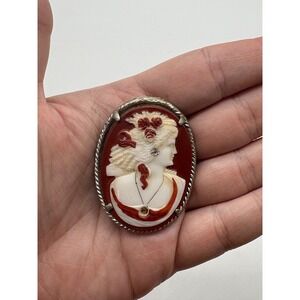 Vintage Pyramid Belt Silver Shell Cameo Pin Brooch Red White Broken Clasp Repair
